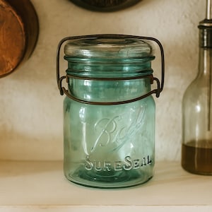 Vintage Blue Ball Sure Seal Quart Jar #7, Shorter Variant. 1923 through 1933 Wire Bail Mason Jar, Antique Blue Glass Storage or Decor