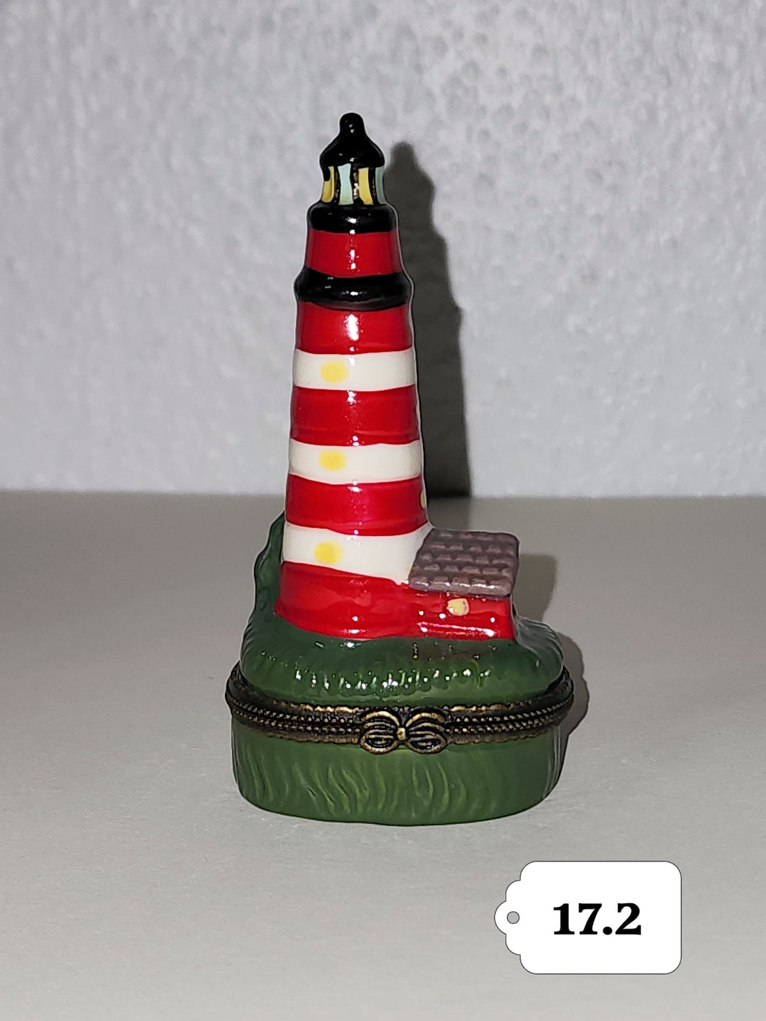 Vintage Lighthouse Trinket Box, Porcelain, Hand Painted, Brass Closure