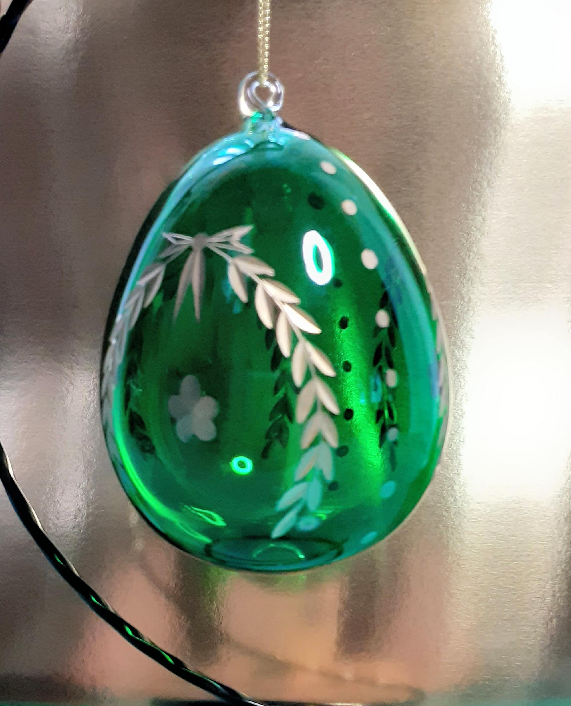 Four Hand Blown Glass Egg Ornaments, Red, Green Blue, Yellow, Display