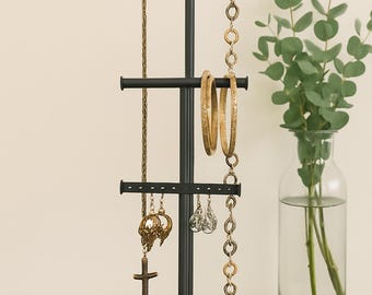 Rustic Metal & Wood Jewelry Holder – Adjustable 17" to 22" Tall