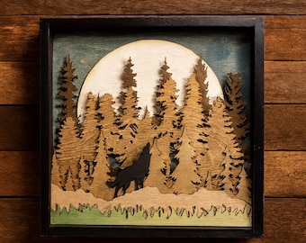Laser Cut, Wood, Layered, Wolf, Forest, Full Moon, Framed, 6 Layers