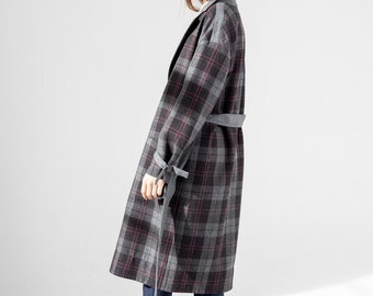 Wool coat / Plaid coat / Gray trench / Long overcoat / Fall spring outerwear / Plaid belted wool coat