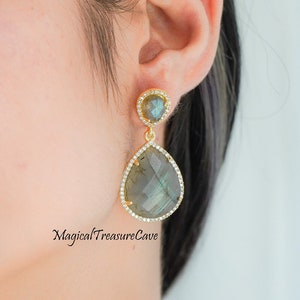 Natural Blue Fire Labradorite Earring - Gold Plated Prong Earring - Designer Earring - Birthstone Earring - Valentine Day Gifts