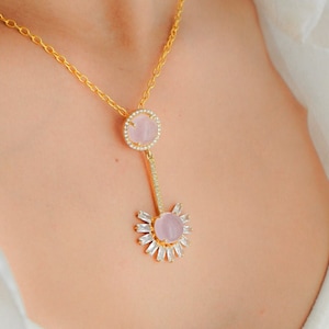 Pink Chalcedony Necklace, 925 Silver Necklace, Gemstone Jewelry, CZ Pendant, Layering Necklace, Chalcedony Pendant, Bridesmaids Gift Jewelry