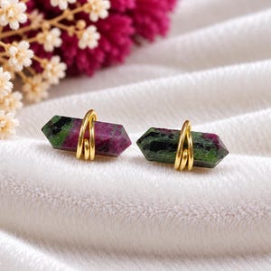 Ruby Zoisite Pencil Stud Earrings, 925 Sterling Silver, Wire Wrapped Healing Gemstone Handmade Jewelry