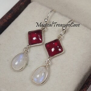 Natural Rainbow Moonstone Earring, Garnet Earring, Gemstone Earring, 925 Sterling Silver Earring, Birthstone Earrings,Valentine Day Gifts