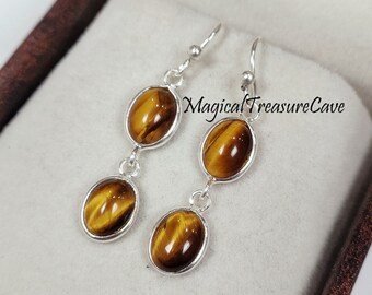 Natural Tigers Eye Gemstone Earrings, 925 Silver Earring, Dangle Healing Drop Earrings, Meditation Grounding Balance Mental Health Earring
