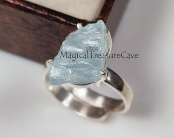 Rå akvamarinring, smycken i 925 sterlingsilver, ring i naturlig ädelsten, uttalandering, smycken med födelsesten i mars, presenter till mors dag
