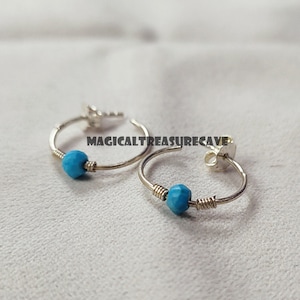 Beautiful Tiny Turquoise Gemstone Hoop Earring, 925 Sterling Silver Hoop, Unique Silver Huggie Earring, Handmade Jewelry, Birthday Gift Idea