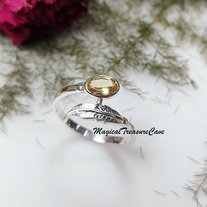 Natural Citrine Ring, 925 Sterling Silver Statement Ring, Bridesmaid Gift, November Birthstone Jewelry, Feather Ring, Woman Jewelry, Gift