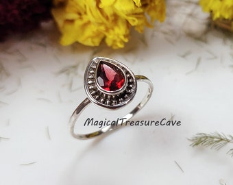 925 Sterling Silver, Garnet Gemstone Ring, Teardrop Statement Ring, Handmade Jewerly Designer Ring, Red Garnet Ring, Boho Ring Gift For Her