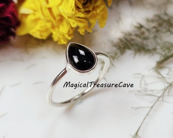 Onyx Handmade Ring, Natural Black Onyx Pear Silver Ring, 925 Sterling Silver Jewelry, Dainty Black Onyx Ring, Minimalist Ring, Promise Ring