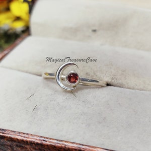 Dainty Garnet Ring, Crescent Moon Design Ring, January Birthstone Jewelry, 925 Sterling Silver Ring, Rings for women, Valentine Day Gifts
