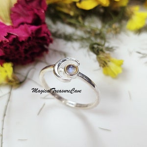 Genuine Rainbow Moonstone Ring, Handmade Jewelry, 925 Sterling Silver Ring, Crescent Moon Ring, Moonstone Bridal Ring, Valentine Day Gifts