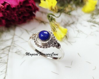 Natural Lapis Lazuli Ring, 925 Sterling Silver, Round Gemstone Jewelry Gift For Women