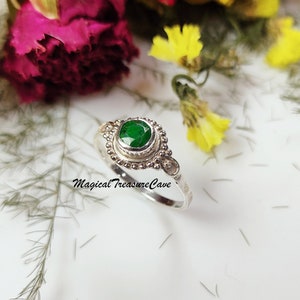 Green Emerald Ring, Dainty Round Gemstone Ring, 925 Sterling Silver Jewelry, Boho Ring, Emerald Jewelry, Authentic Ring, Gift For Her, Gift