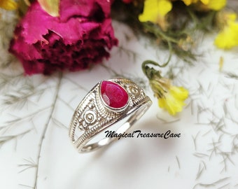 Pear Design Ruby Ring, 925 Sterling Silver Ring, Handmade Jewelry, July Birthstone Ring, Vintage Ruby Jewelry, Gift For Her