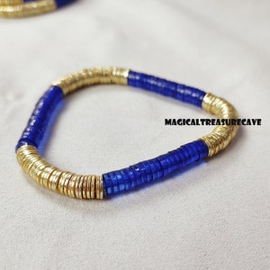 Blue Heishi Bead Bracelet, Beaded Stretch Bracelets, Bohemian Jewelry, Blue, Gold Heishi Bead, Gifts for Women, Adjustable Bracelet, Gift