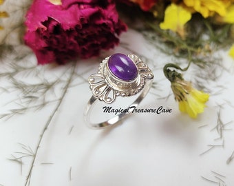 Natural Amethyst Ring, 925 Sterling Silver, Handmade Wedding Jewelry, February Birthstone Promise Ring Gift
