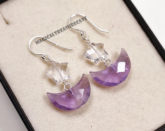 Amethyst Moon Earrings, 925 Silver Jewelry, Clear Quartz Star Gemstone, Celestial Style, Gift for Her, Women Stud Earring