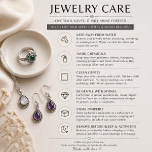 May include: An image with jewelry care tips. The text reads "JEWELRY CARE" and "LOVE YOUR SILVER. IT WILL SHINE FOREVER." The image shows a ring, necklace, and earrings. The tips include avoiding water and chemicals, cleaning gently, and storing properly.