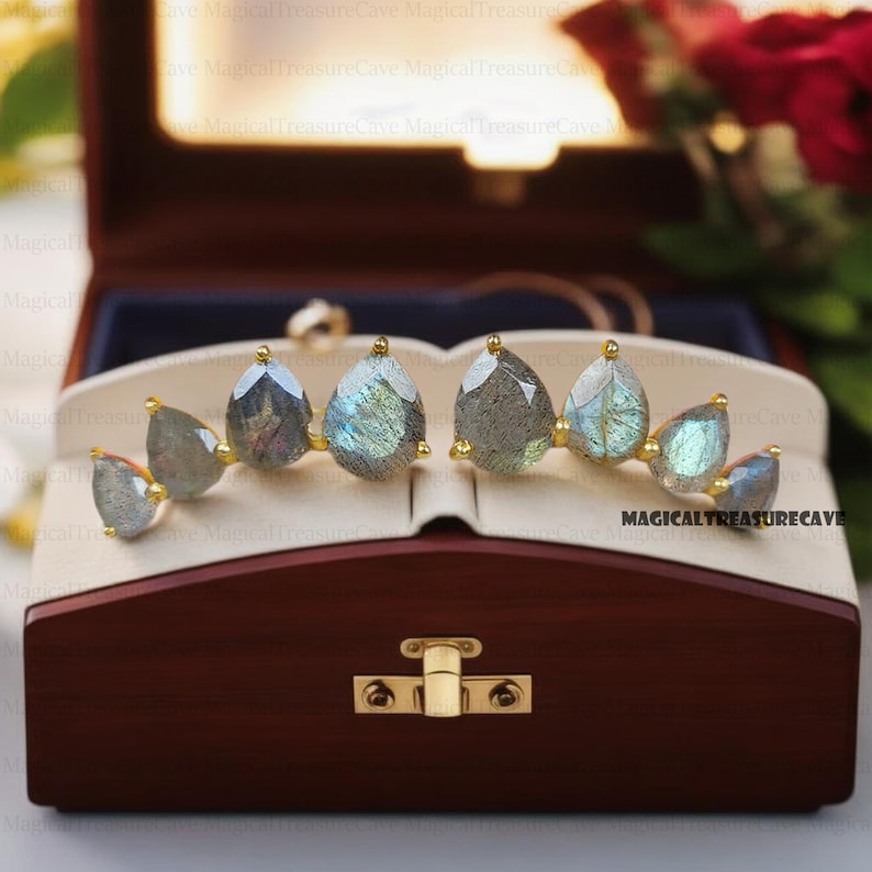 May include: A pair of gold-toned earrings with teardrop-shaped, iridescent gray gemstones. The earrings are displayed inside a wooden jewelry box with a gold clasp. The text "MAGICAL TREASURECAVE" is visible.