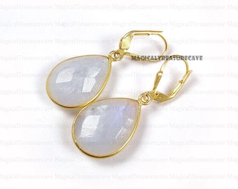 Rainbow Moonstone Earring, Moonstone Silver Earring, Pear Stone Earring, 925 Sterling Silver Earring, Gemstone Earring, Dangle Earring