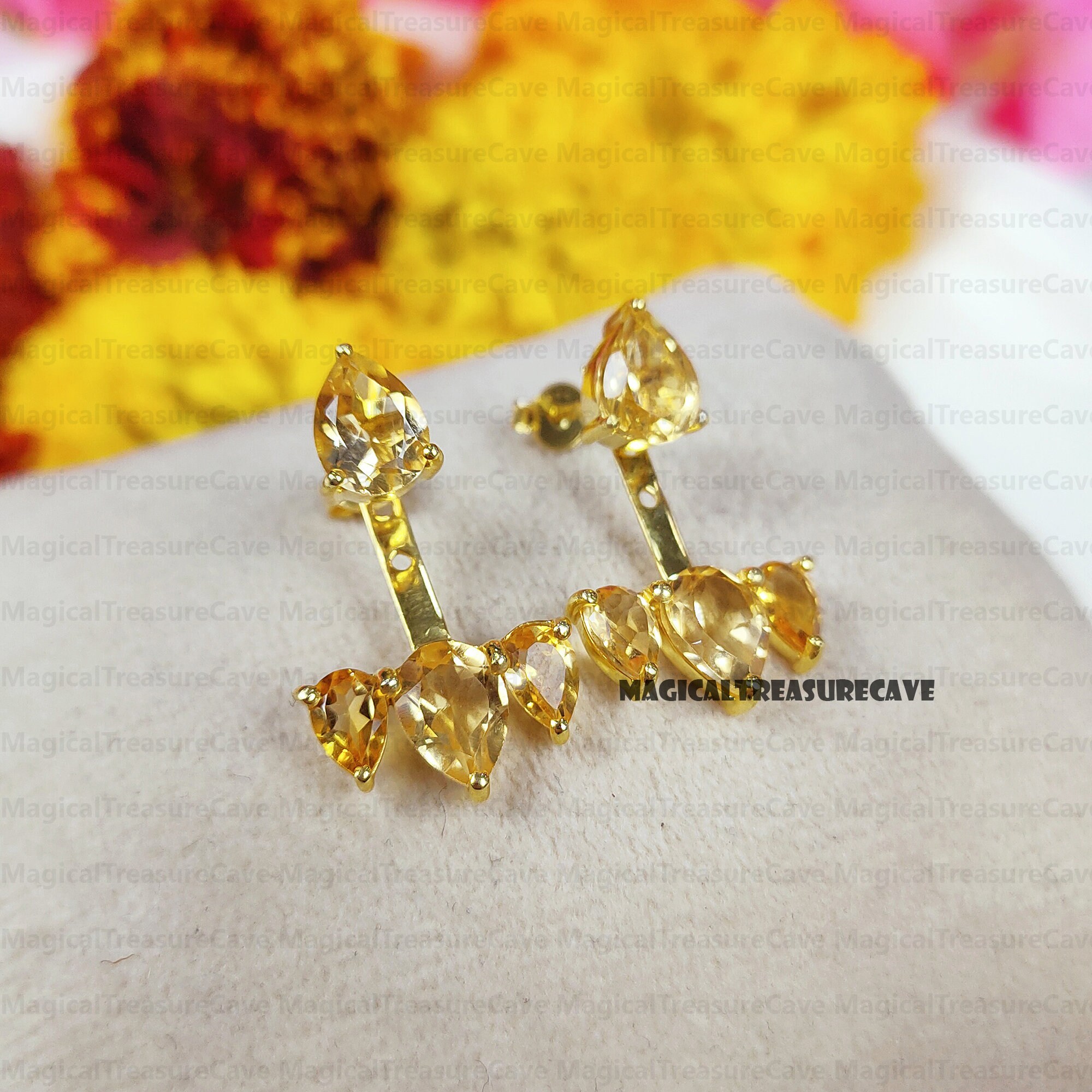 November Birthstone Baby Earrings - Citrine | 14K White Gold 925 Sterling Silver Diamond & Citrine Nov. Birthstone Earring Jacket 11 x 11 mm display picture 1