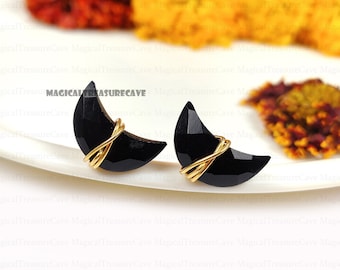 Pendientes de botón de ónix negro, pendientes de botón de luna creciente de ónix negro, pendientes de poste, joyería de ónix negro auténtico, regalo de pendientes para el día a día