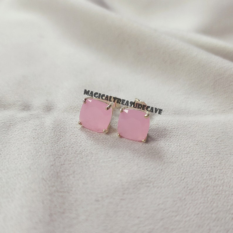Pink Chalcedony Stud Earring, 925 Sterling Silver Earring, Unique Woman Jewelry, Post Earring, Chalcedony Gemstone Earring, Wedding Gift image 2