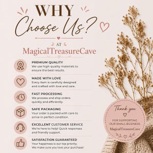 May include: A promotional graphic with the text "WHY Choose Us?" and "Magical Treasure Cave." The graphic highlights premium quality, fast processing, safe packaging, and excellent customer service. A thank you message is also included.