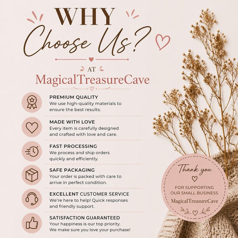 May include: A promotional graphic with the text "WHY Choose Us?" and "Magical Treasure Cave." The graphic highlights premium quality, fast processing, safe packaging, and excellent customer service. A thank you message is also included.