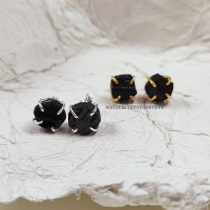 Natural Rough Black Tourmaline Stud Earrings, Gemstone Minimalist Dainty Silver Post Earrings, October Birthstone Jewelry Gifts for Her