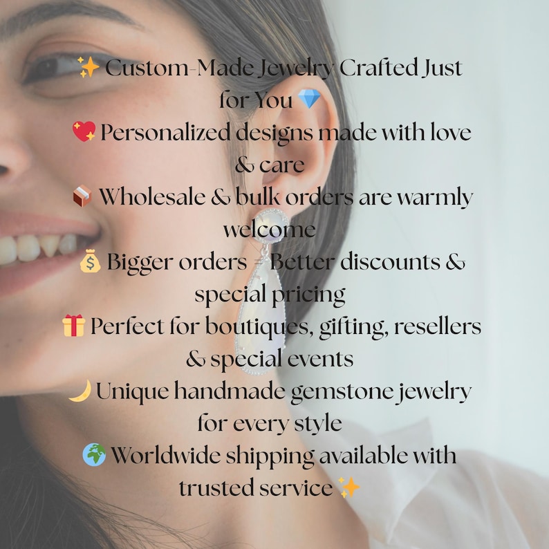 May include: Image features text: "Custom-Made Jewelry Crafted Just for You. Personalized designs made with love & care. Wholesale & bulk orders are warmly welcome. Unique handmade gemstone jewelry for every style."