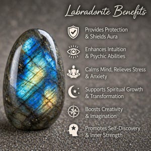 May include: A polished, oval-shaped labradorite stone with iridescent blue and gold flashes. The image includes text: "Labradorite Benefits," listing properties such as protection, intuition, and stress relief. The stone is set against a textured gray background.
