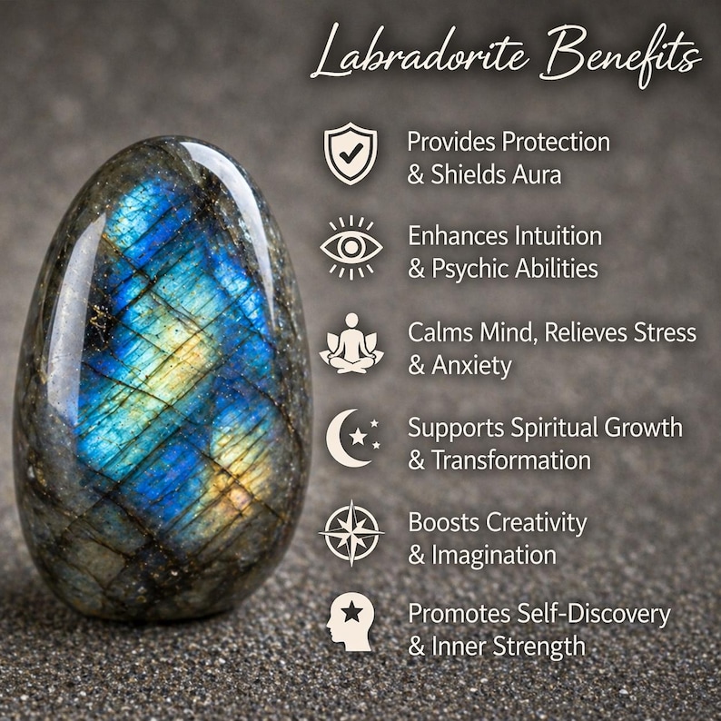 May include: A polished, oval-shaped labradorite stone with iridescent blue and gold flashes. The image includes text: "Labradorite Benefits," listing properties such as protection, intuition, and stress relief. The stone is set against a textured gray background.
