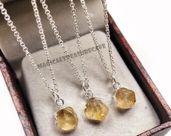 Raw Citrine Charm Necklace, 925 Sterling Silver, Natural Citrine Gemstone, November Birthstone Gift, For Her, Electroplated Jewelry