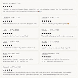 May include: Customer reviews displayed in a grid format. Each review includes a customer's name, date, and a star rating. The reviews praise the quality, appearance, and customer service of the products. Some reviews mention earrings, necklaces, and costume jewelry.
