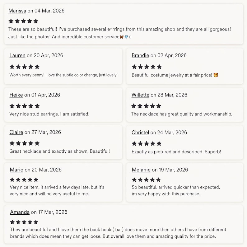 May include: Customer reviews displayed in a grid format. Each review includes a customer's name, date, and a star rating. The reviews praise the quality, appearance, and customer service of the products. Some reviews mention earrings, necklaces, and costume jewelry.