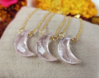 Rose Quartz Moon Necklace, 925 Sterling Silver Necklace, Gemstone Moon Pendant Rose Quartz, Crescent Moon Necklace, Gift For Her