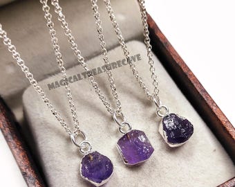 Raw Amethyst Electroplated Necklace, 925 Sterling Silver, Natural Crystal Pendant, Handmade Boho Gift for Her, February Birthstone Necklace