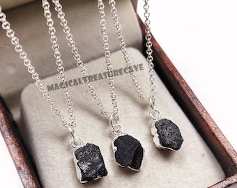 Collar de turmalina negra natural, joyería de plata de ley, colgante de cristal negro natural, regalo de piedras preciosas curativas de estilo bohemio para ella, collar hecho a mano.