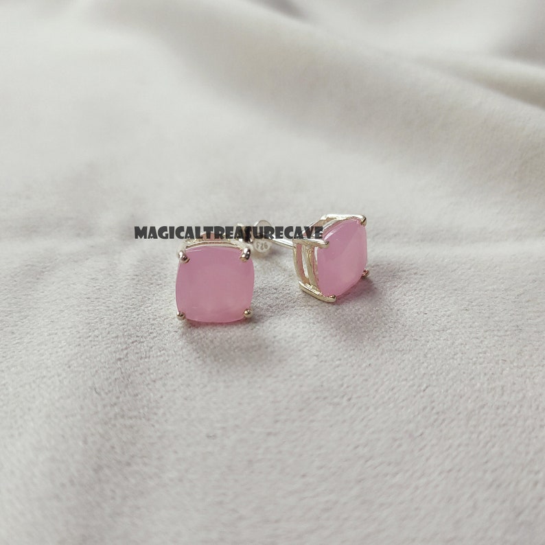 Pink Chalcedony Stud Earring, 925 Sterling Silver Earring, Unique Woman Jewelry, Post Earring, Chalcedony Gemstone Earring, Wedding Gift image 6