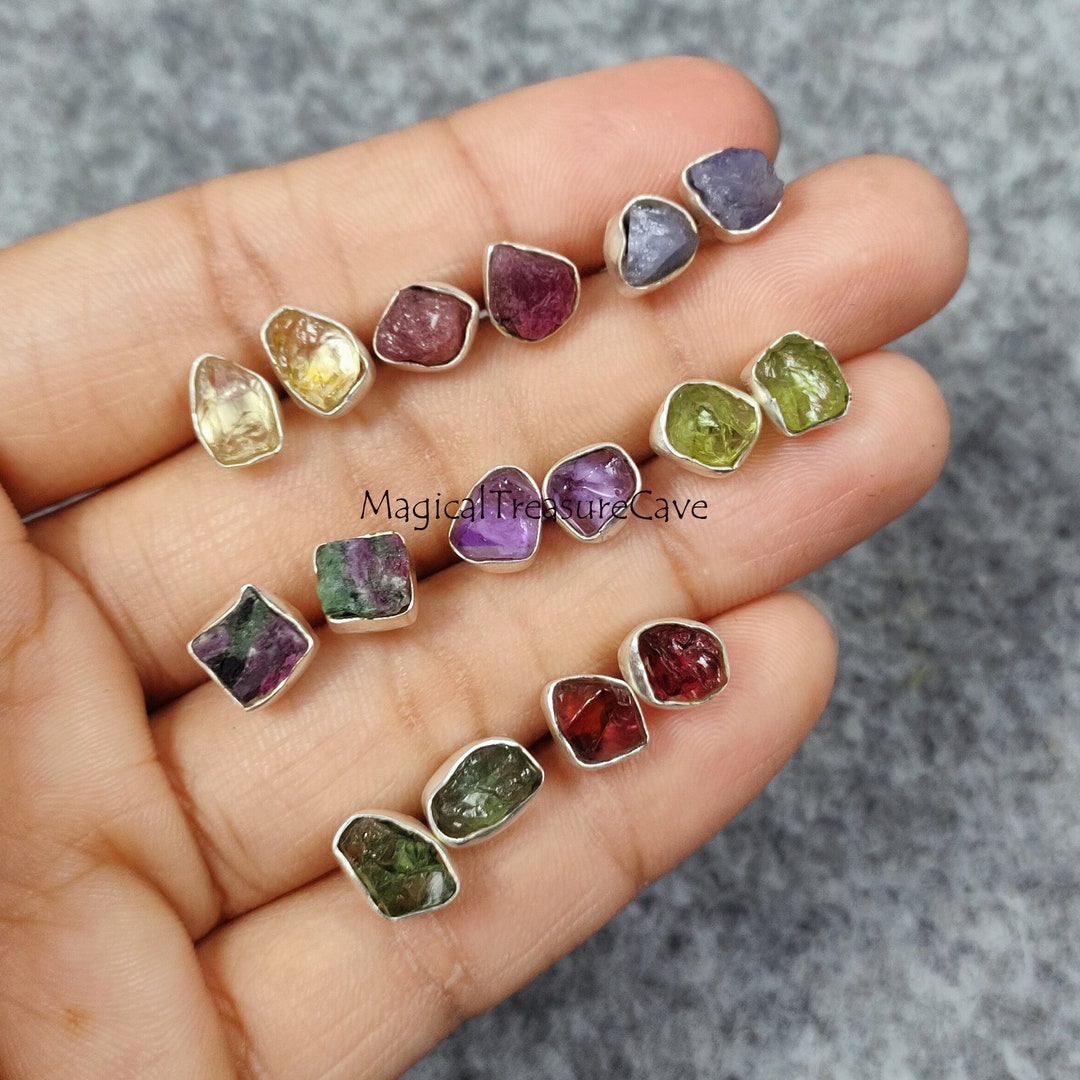 Raw Gemstone Stud Earrings, 925 Sterling Silver Stud, Raw Crystal
