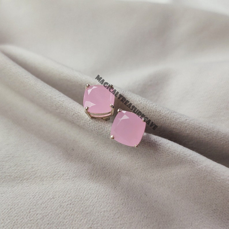 Pink Chalcedony Stud Earring, 925 Sterling Silver Earring, Unique Woman Jewelry, Post Earring, Chalcedony Gemstone Earring, Wedding Gift image 1