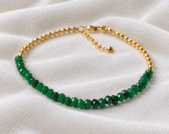 Dainty Emerald Bracelet, Gemstone Healing Crystal Minimalist Bracelet, 14k Gold Finish, May Birthstone, Heart Chakra, Wedding Gift