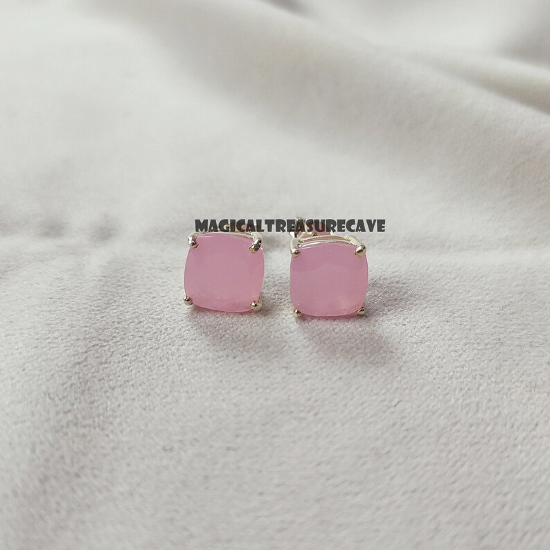 Pink Chalcedony Stud Earring, 925 Sterling Silver Earring, Unique Woman Jewelry, Post Earring, Chalcedony Gemstone Earring, Wedding Gift image 4