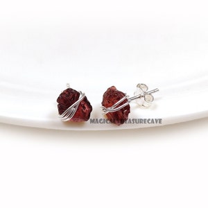 Garnet Gemstone Studs Earrings, Natural Dark Red Garnet Minimalist Wire Wrapped Studs - 925 Silver Gemstone Studs - Gift for Her
