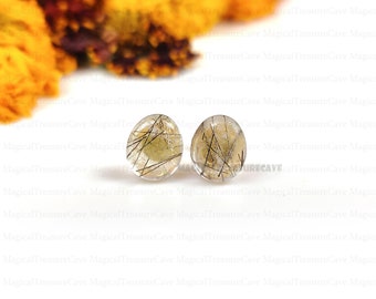 Black Rutile Quartz Stud Earrings, 925 Sterling Silver, Oval Handmade Gemstone Jewelry Minimal Gift