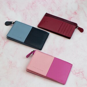 Slim Credit Card Holder Wallet For Women, Minimalist Style Genuine Leather RFID Secure with Top Zipped Pocket